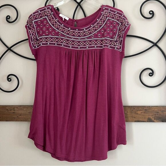 Maurices Burgundy Gauze Boho Embroidered Short Sleeve Women's Blouse Tunic S - Picture 1 of 10